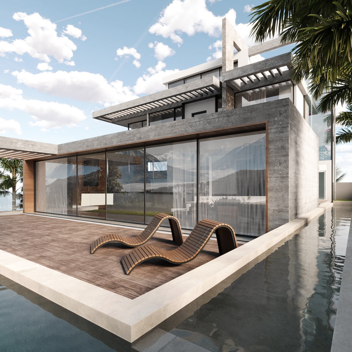three story villa with an infinity pool and a deck