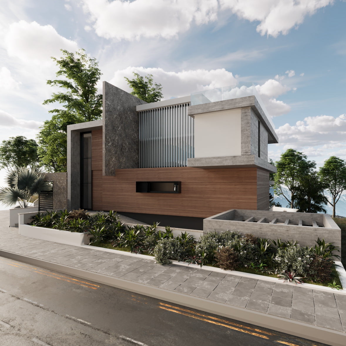 Wooden facade of a Zen Serenity Project, concrete slabs and a big olive tree in the entrance