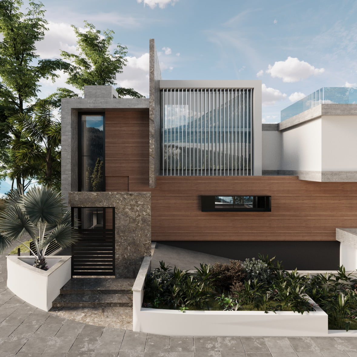 Wooden facade of a Zen Serenity villa with concrete