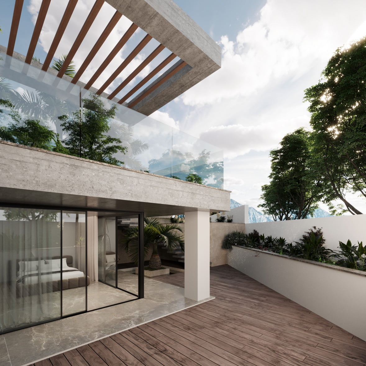 back view of a three-story villa with plantation and modern materials