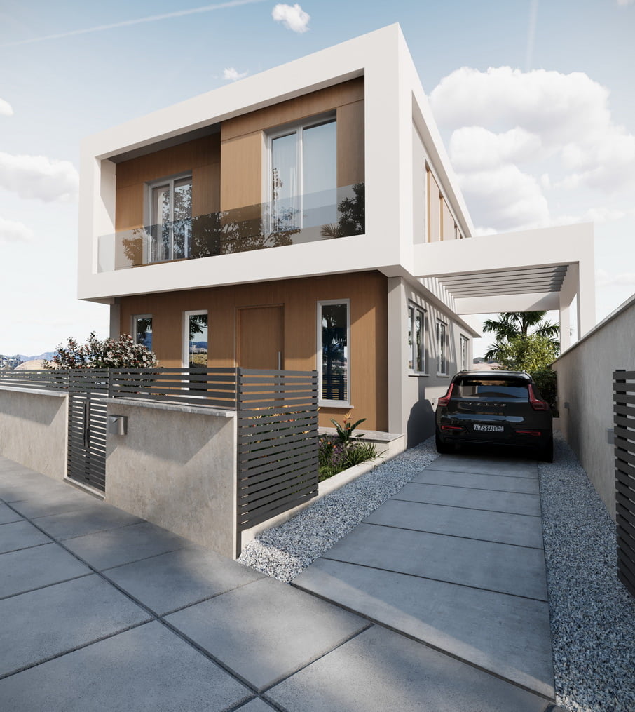 White Abode Project front view of the white and wooden facade