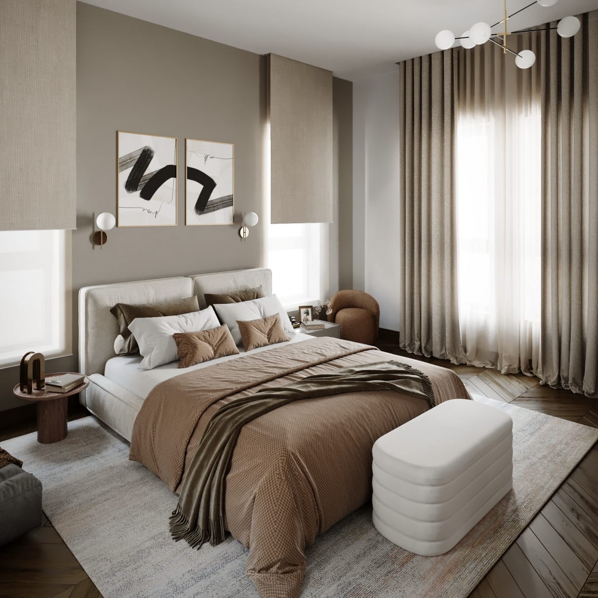 Mocha Suite Project, a double bed with paintings on the wall. pouf and rug