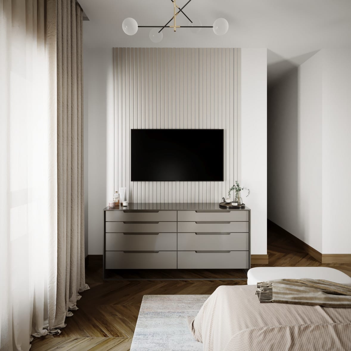 Mocha Suite Project, a double bed with paintings on the wall. pouf and rug