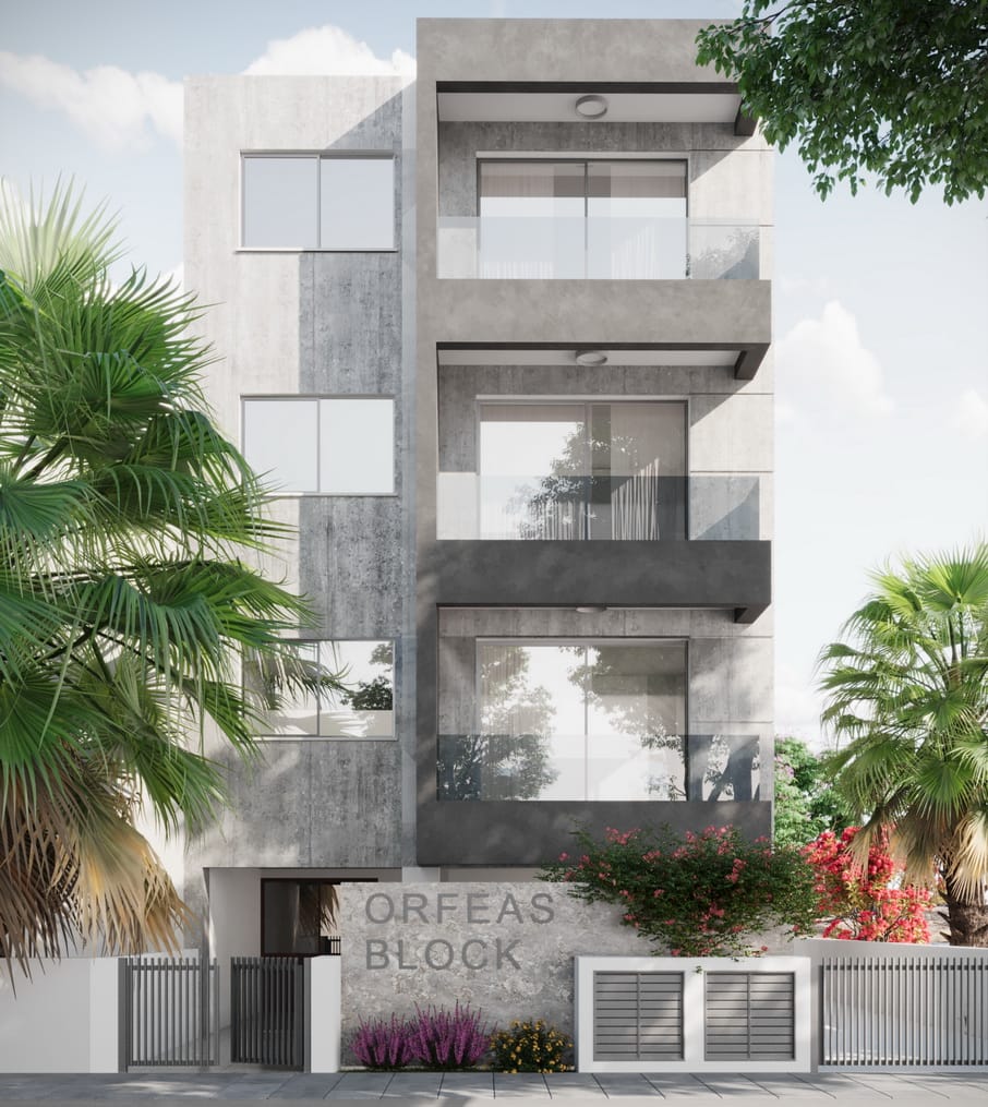 Orfeas Block Project an apartment building with grey paint, concrete and wooden details