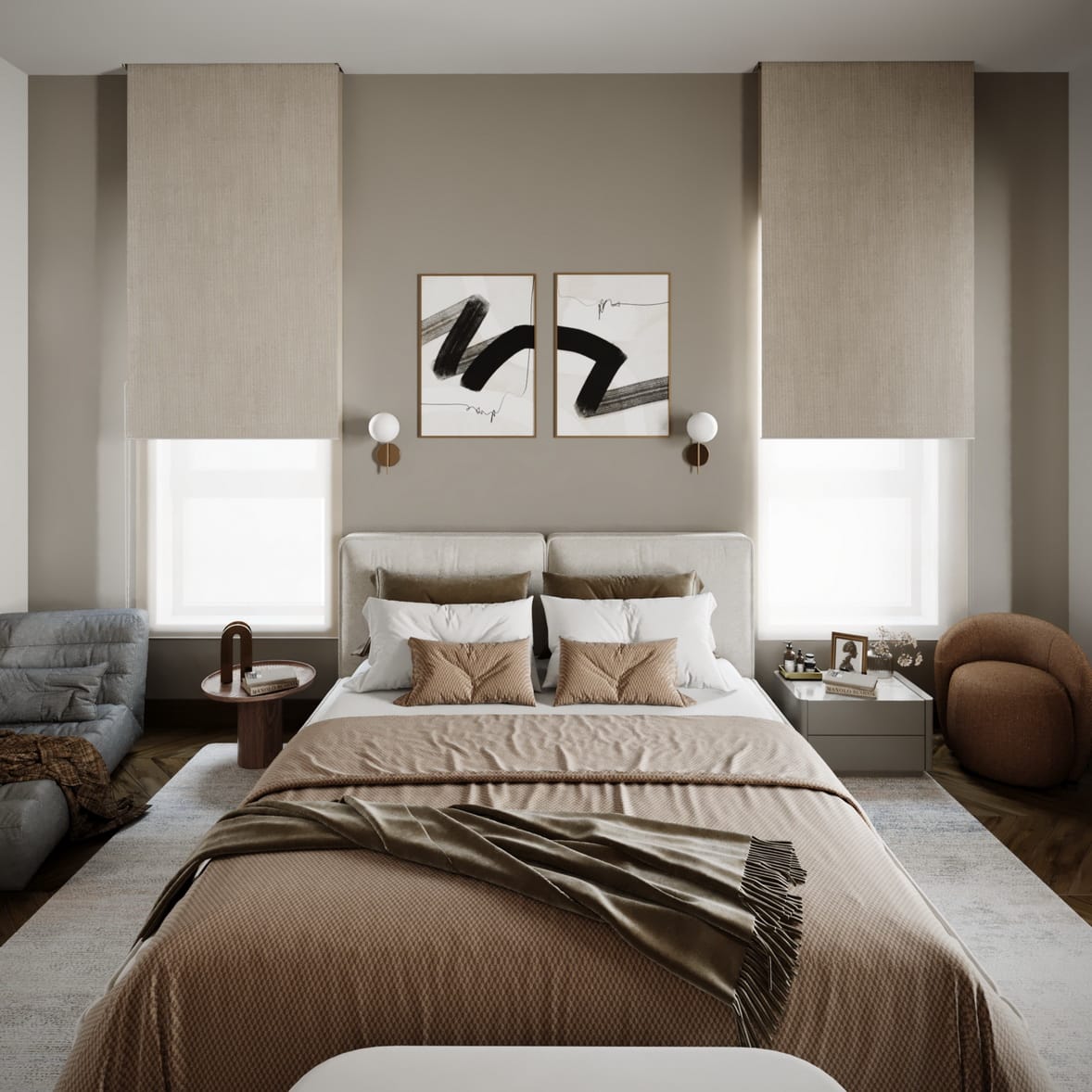 Mocha Suite Project, a double bed with paintings on the wall. pouf and rug