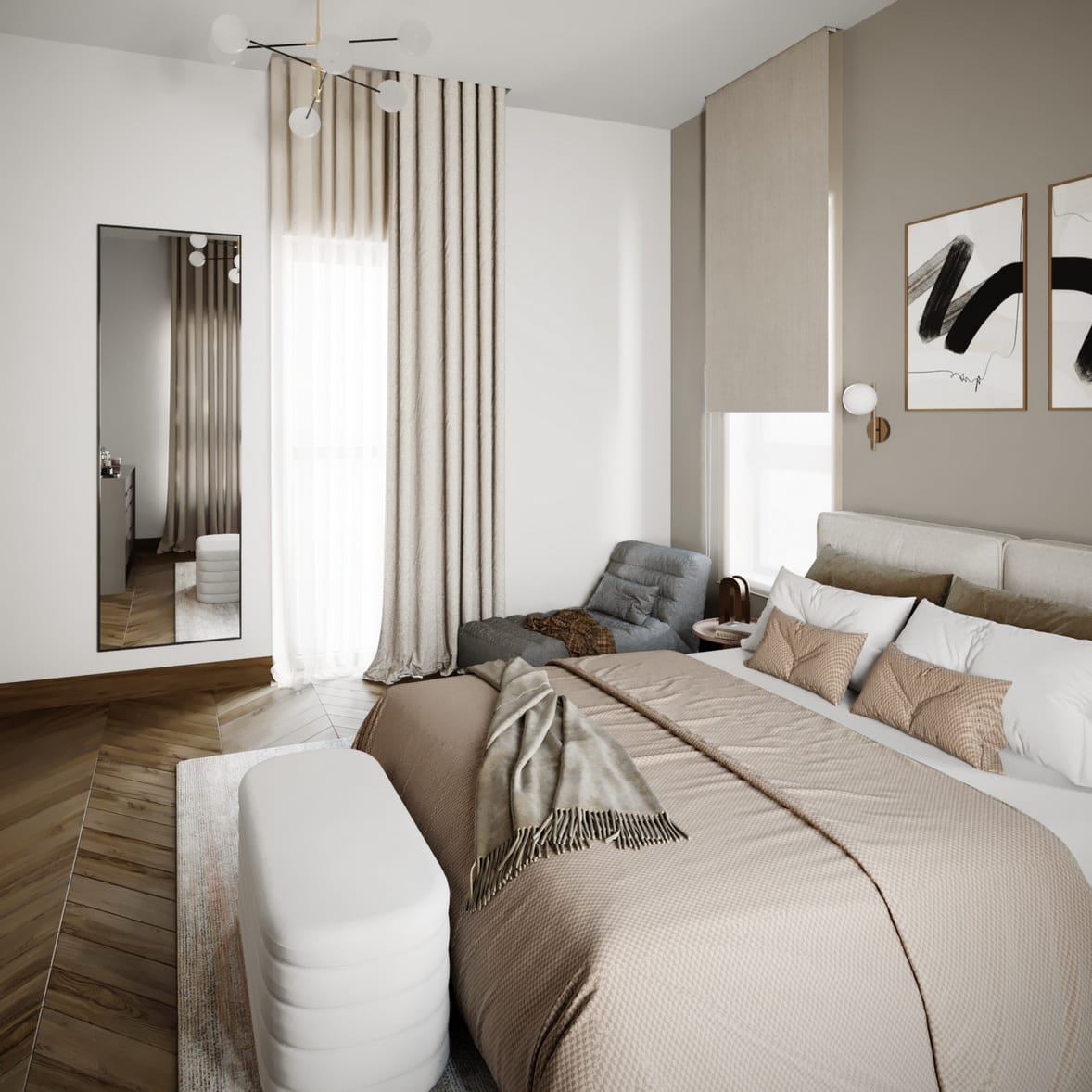 Mocha Suite Project, a double bed with paintings on the wall. pouf and rug