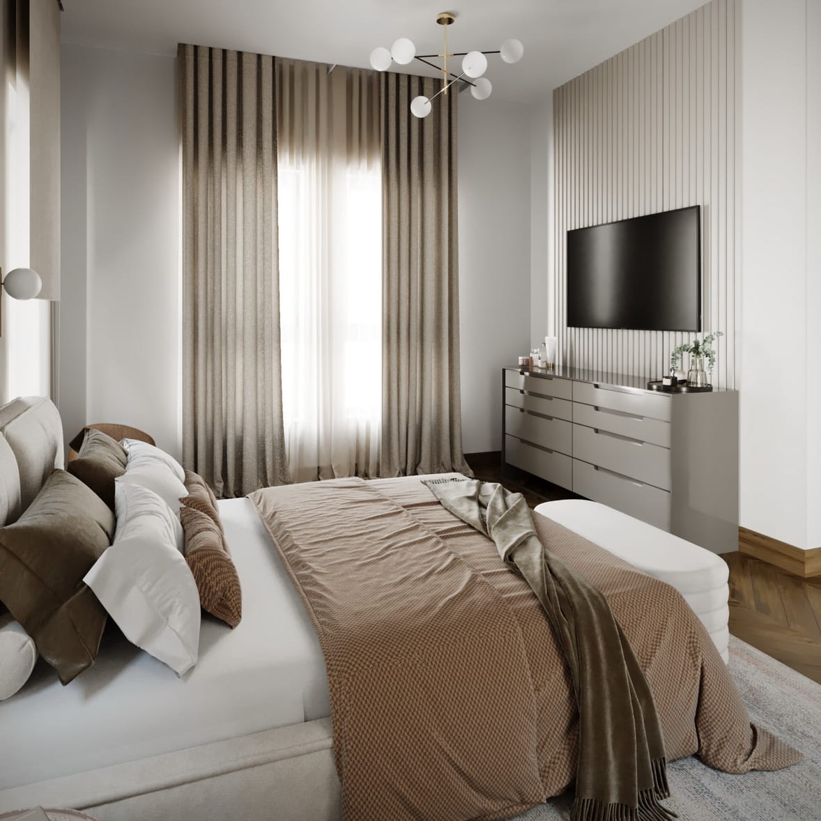 Mocha Suite Project, a double bed with paintings on the wall. pouf and rug