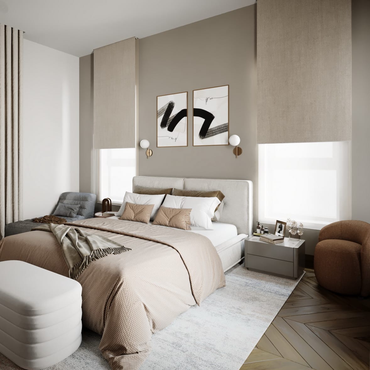 Mocha Suite Project, a double bed with paintings on the wall. pouf and rug