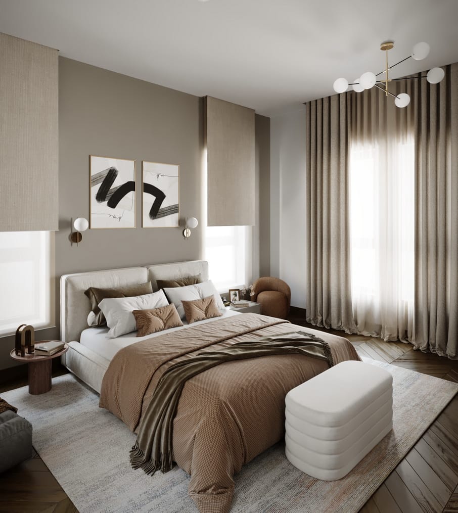 Mocha Suite Project, a double bed with paintings on the wall. pouf and rug